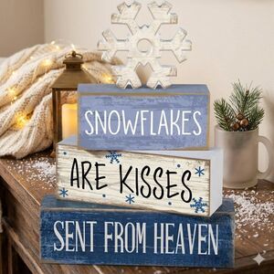 Rustic Winter Tiered Tray Wood Sign | "Snowflakes Are Kisses From Heaven" Decor